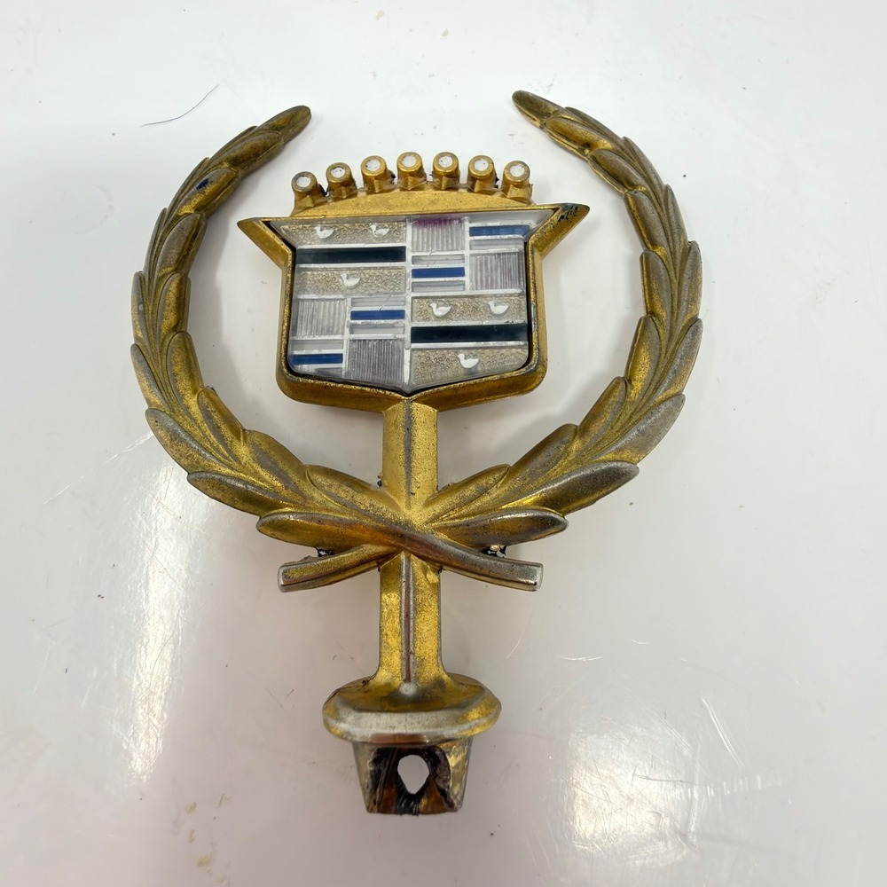 Vintage Cadillac Hood Ornament Gold Wreath Crest Emblem Mascot Chrome OEM Badge